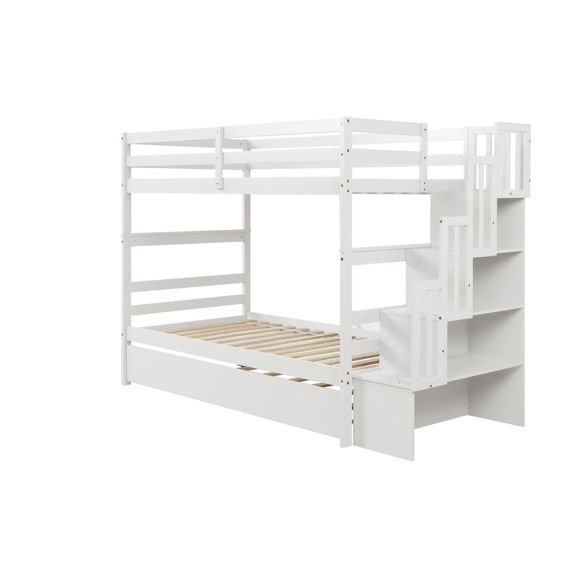 Twin Over Twin Bunk Beds With Twin Trundle And Stairway Storage Function