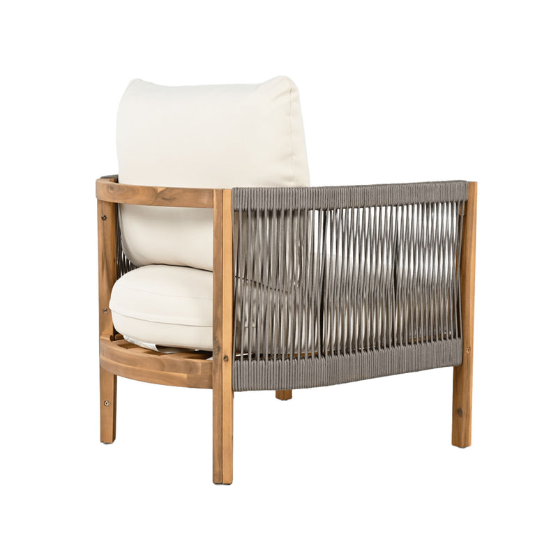 Patio Acacia Wood Club Chair, Woven Rope Outdoor Patio Arm Chair, Deep Seating For Porch - Teak / Beige