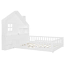 Full Size House Bed With Window And Bedside Drawers, Platform Bed With Shelves And A Set Of Sockets And USB Port - White