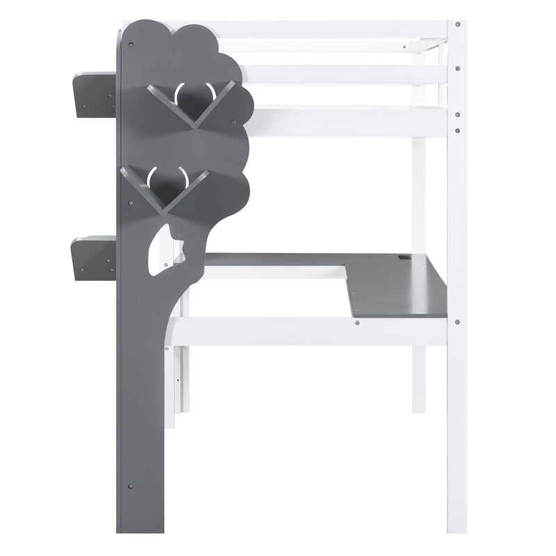 Twin Size Loft Bed with L-shaped Desk,Tree Shape Bookcase and Charging Station, White+Gray