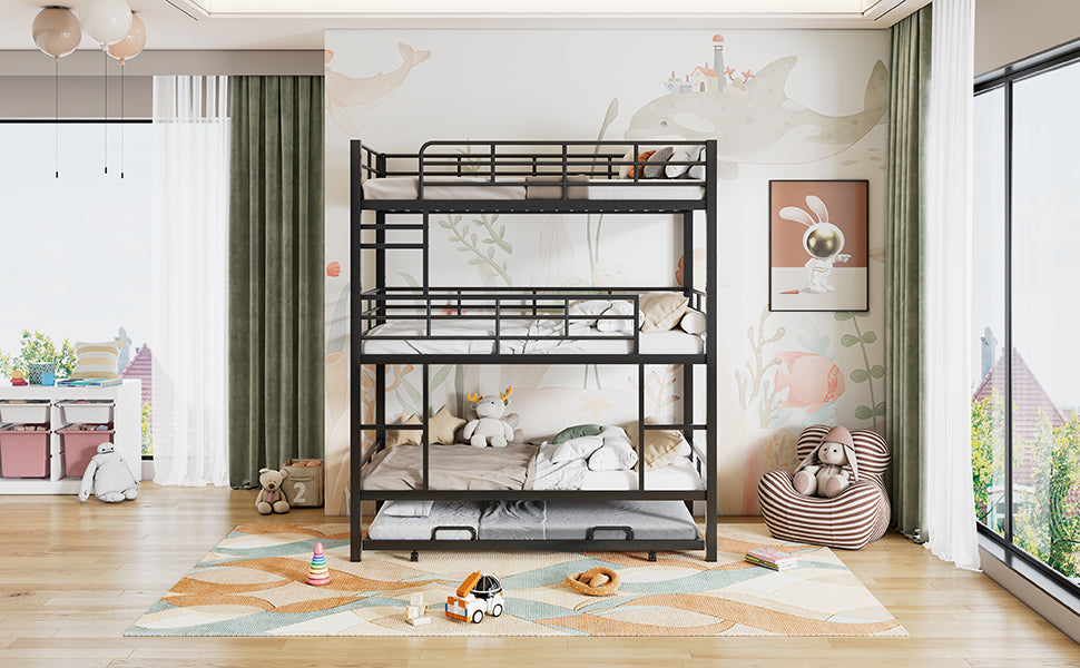 Metal Twin Size Triple Bunk Bed With Trundle, Black