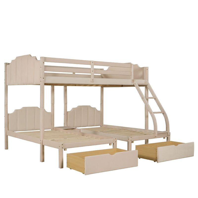Bunk Bed, Triple Bed With Drawers And Guardrails