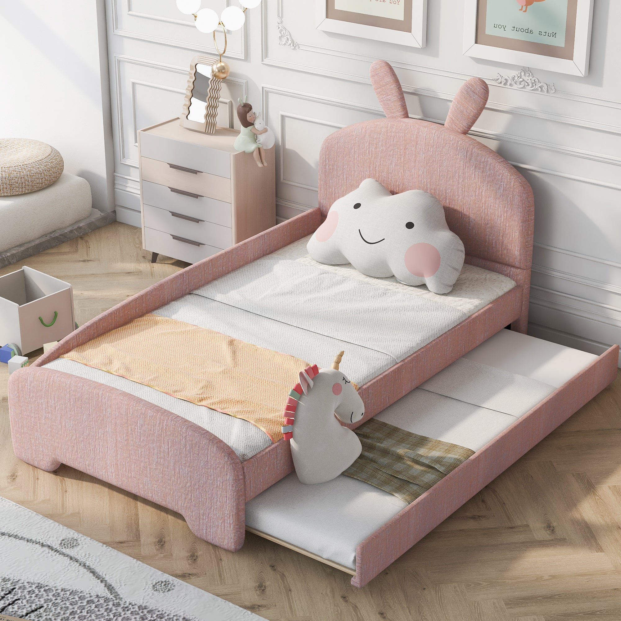 Twin Size Upholstered Platform Bed with Cartoon Ears Shaped Headboard and Trundle, Pink - Atlantic Fine Furniture Melbourne FL