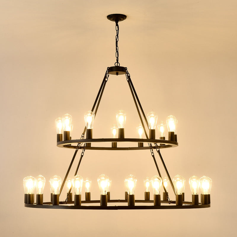 Extra Large Wagon Wheel Chandelier, 2 Tier 36 Lights (No Include) Farmhouse Industrial Round High Ceiling Pendant Light Adjustable Chain, For Dining Room, Living Room, Kitchen - Black
