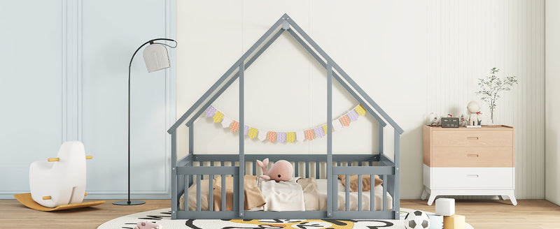 Wood House-Shaped Floor Bed With Fence, Guardrails