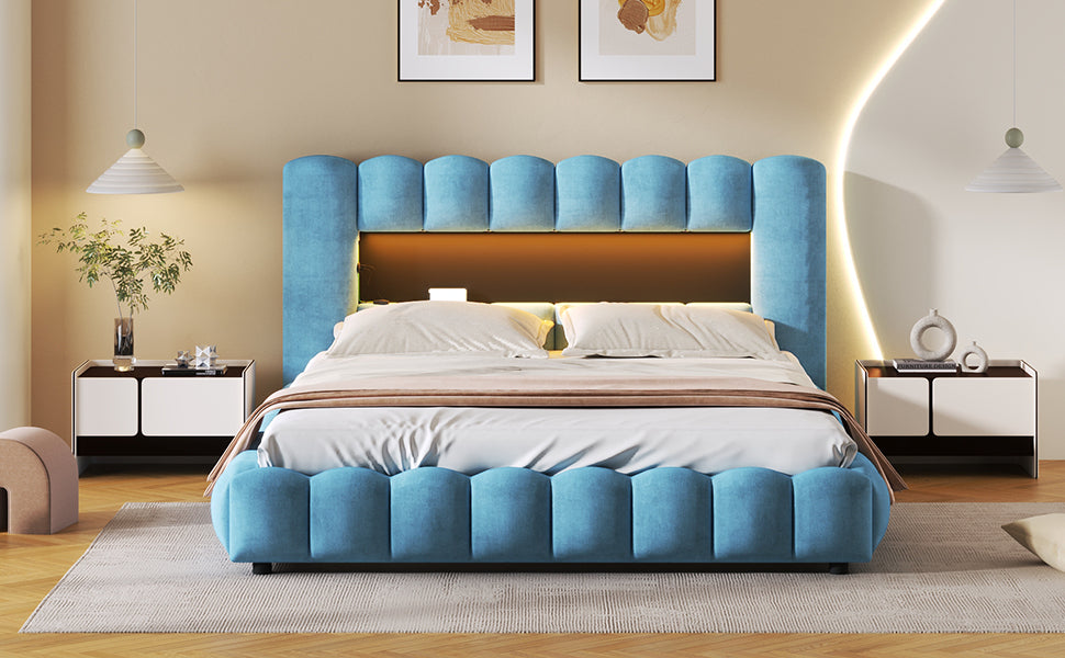 Queen Size Upholstered Platform Bed with LED Headboard and USB, Blue - Atlantic Fine Furniture Melbourne FL