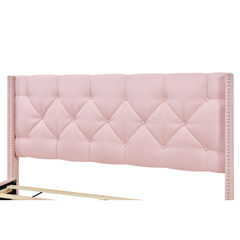 Queen Size Storage Bed Linen Upholstered Platform Bed With Two Drawers - Pink