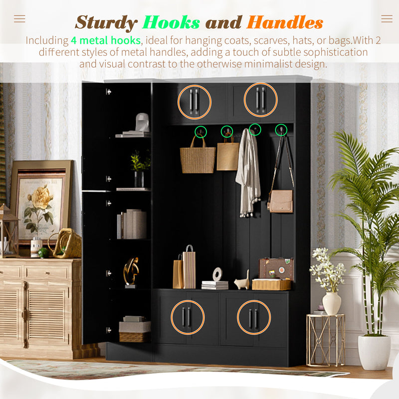 Tall Hall Tree With Shoe Storage, 4 In 1 Entryway Bench With 6 Cabinets, 4 Coat Hooks & Adjustable Shelf For Hallway - Black