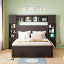 Queen Size Wooden Bed With All-in-One Cabinet, Shelf and Sockets, Espresso