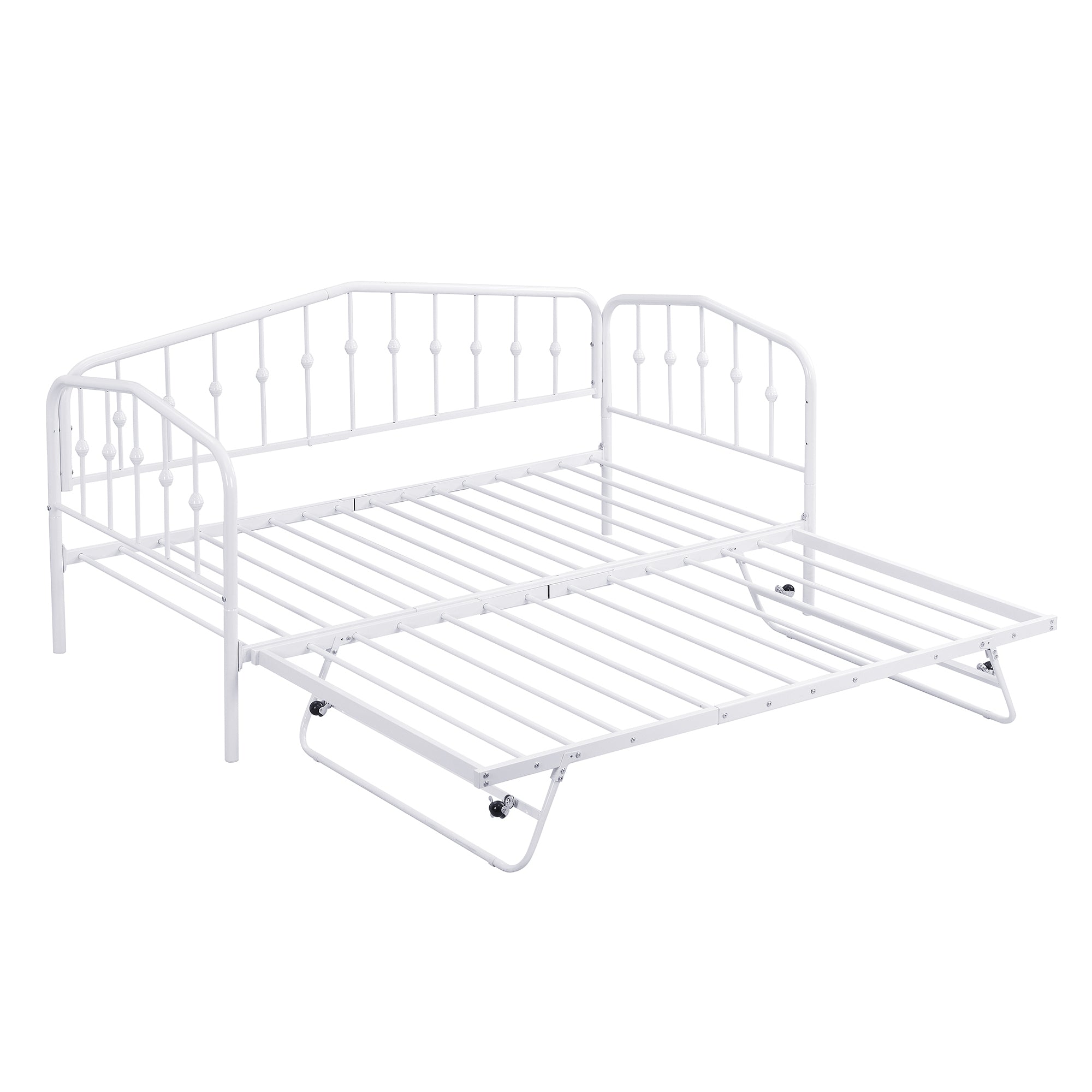 Twin Size Stylish Metal Daybed with Twin Size Adjustable Trundle, Portable Folding Trundle, White