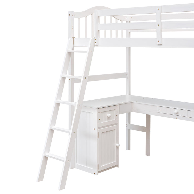 Twin size Loft Bed with Drawers, Cabinet, Shelves and Desk, Wooden Loft Bed with Desk - White(OLD SKU :LT000505AAK)