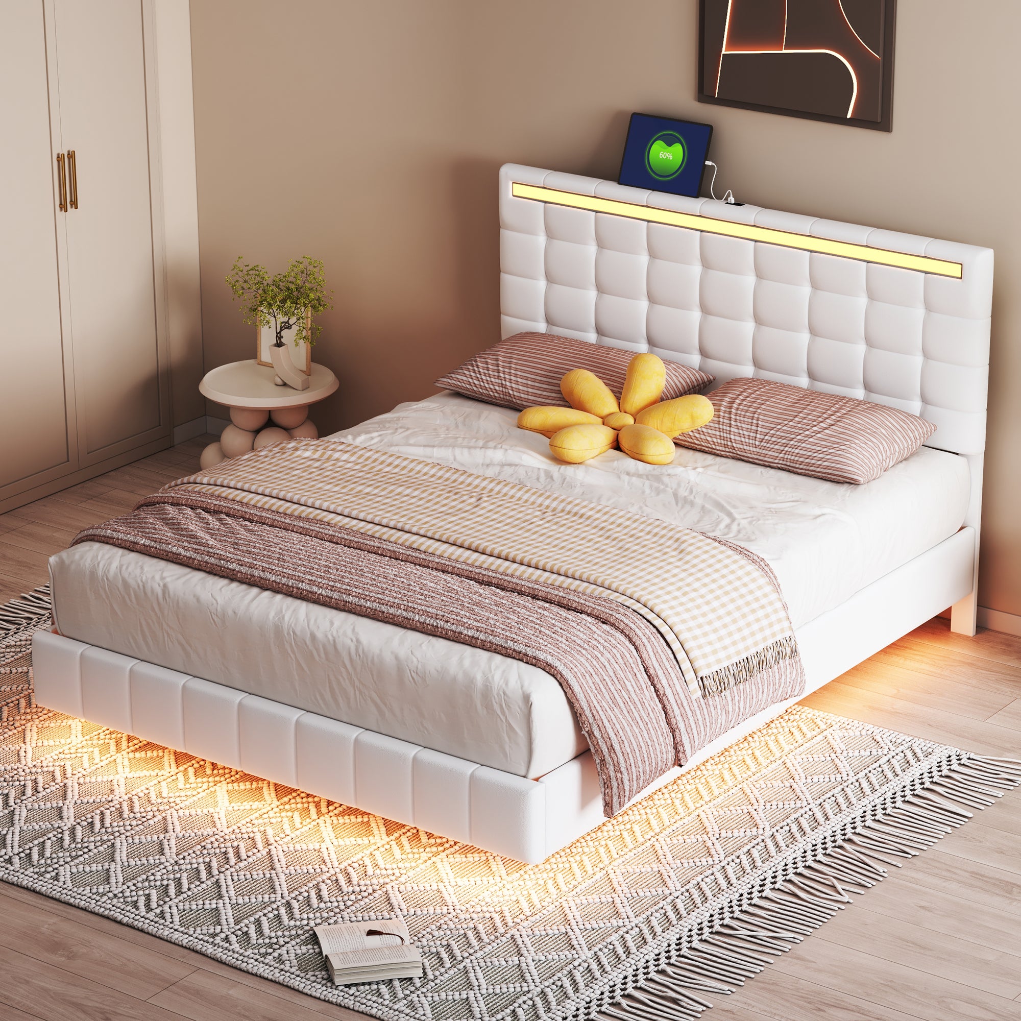 Queen Size Floating Bed Frame with LED Lights and USB Charging,Modern Upholstered Platform LED Bed Frame,White - Atlantic Fine Furniture Melbourne FL