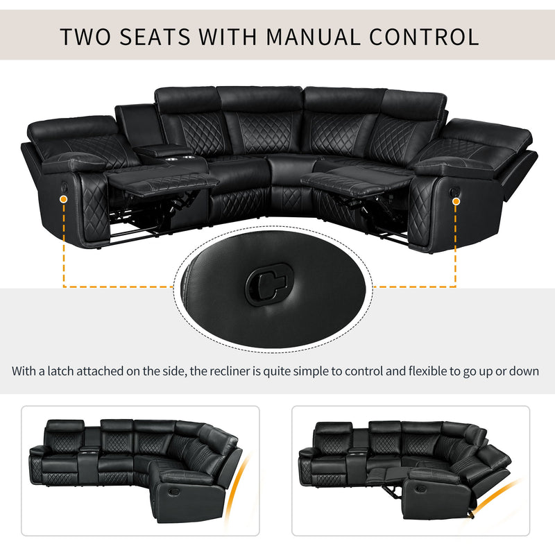 Home Theater Seating Manual Recliner With Cup Holder, Hide-Away Storage PU Reclining Sofa For Living Room, Home Theater, Black