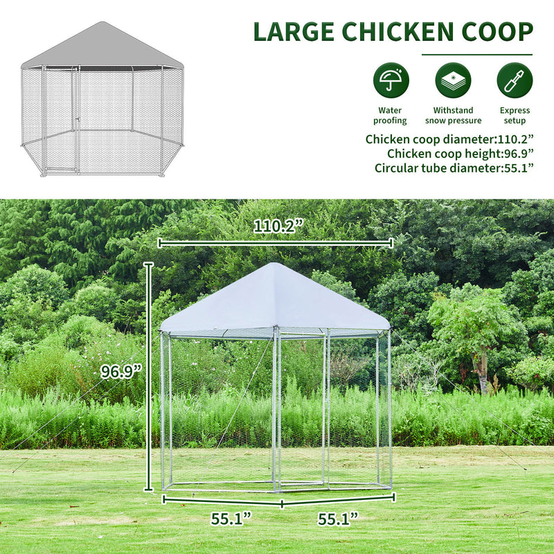 Large Metal Chicken Coop Hexagonal, Steel Wire Dipped Plastic Mesh, Oxford Cloth Plated Waterproof And UV Resistant, Ducks, Rabbits, Sheep And Birds Outdoor House - Silver