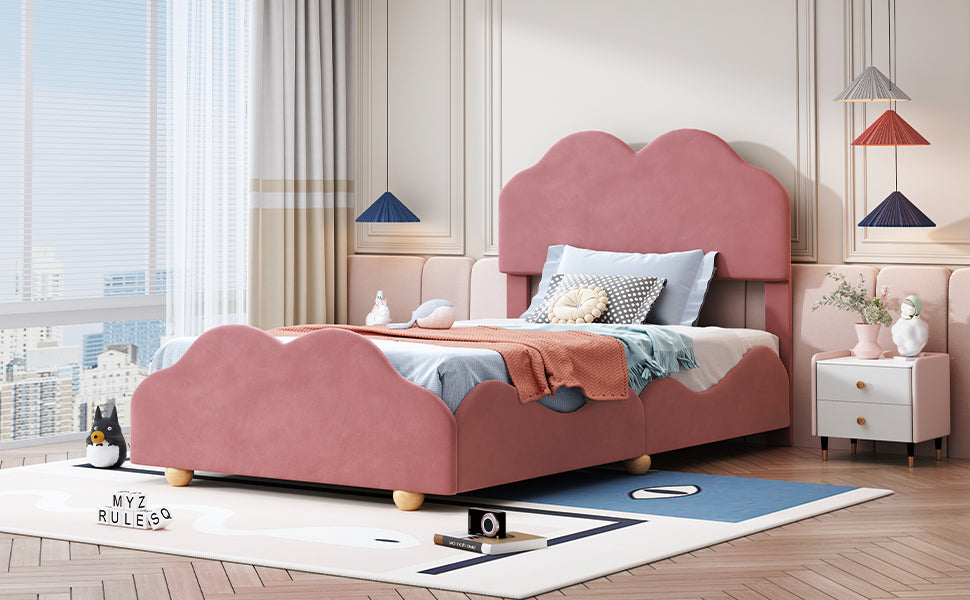 Twin Size Upholstered Platform Bed with Cloud Shaped bed board, Dark Pink - Atlantic Fine Furniture Melbourne FL