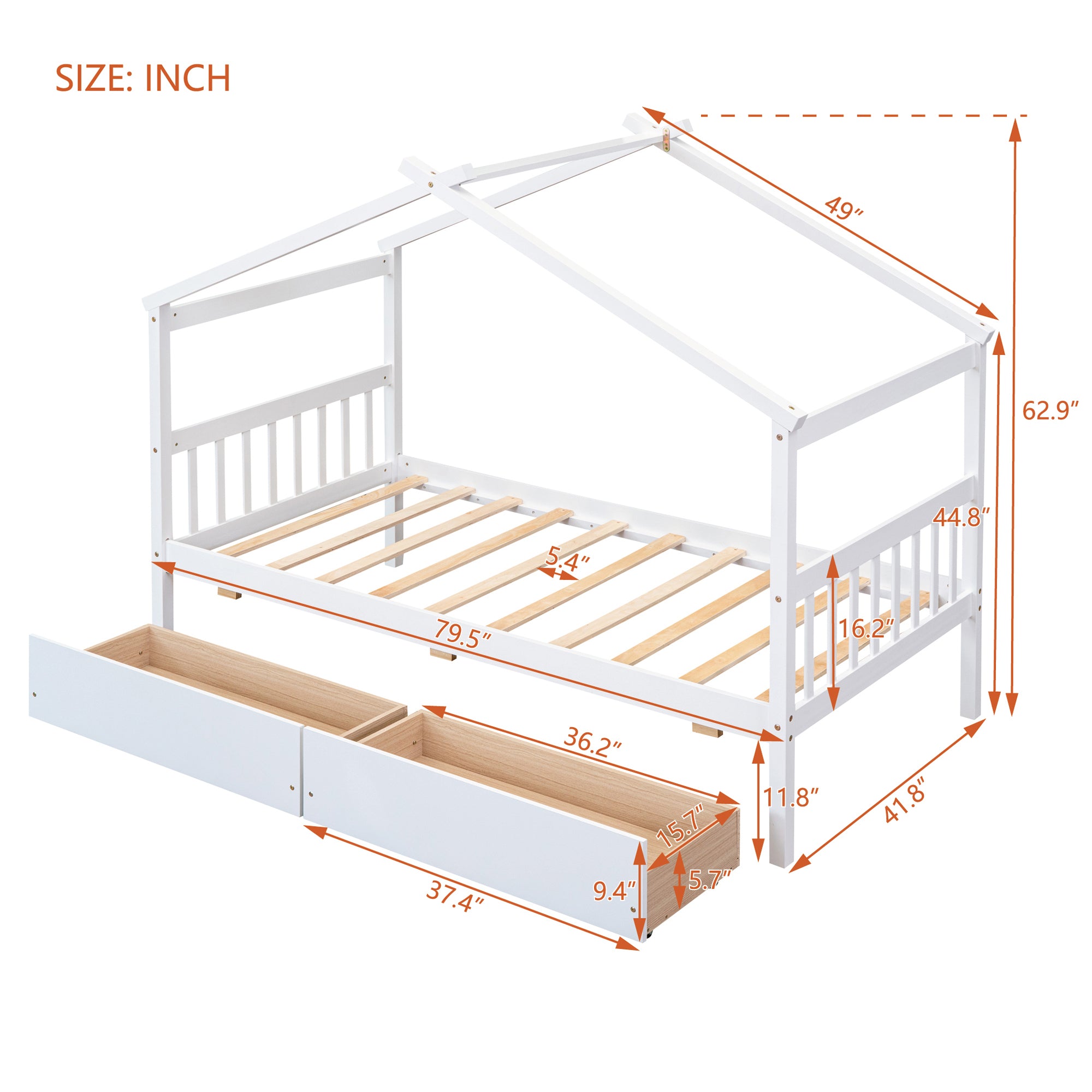 Twin Size Wooden House Bed with Drawers, White - Atlantic Fine Furniture Melbourne FL