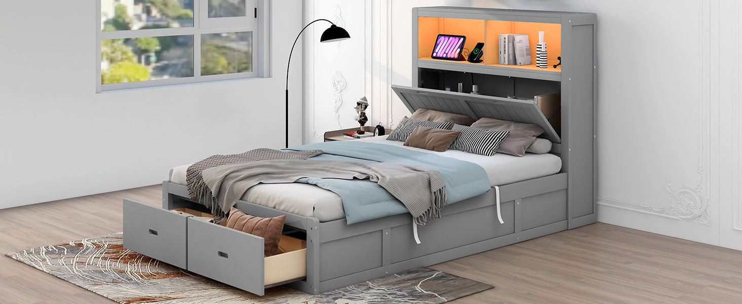 Wood Full Size Hydraulic Platform Bed with Storage LED Headboard, Charging Station and 2 Drawers, Gray - Atlantic Fine Furniture Melbourne FL