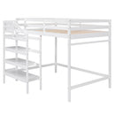 Full Size Loft Bed with Built-in Storage Staircase and Hanger for Clothes, White