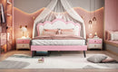 Full Size Princess Bed With Crown Headboard and 2 Drawers, Full size Platform Bed with Headboard and Footboard,White+Pink