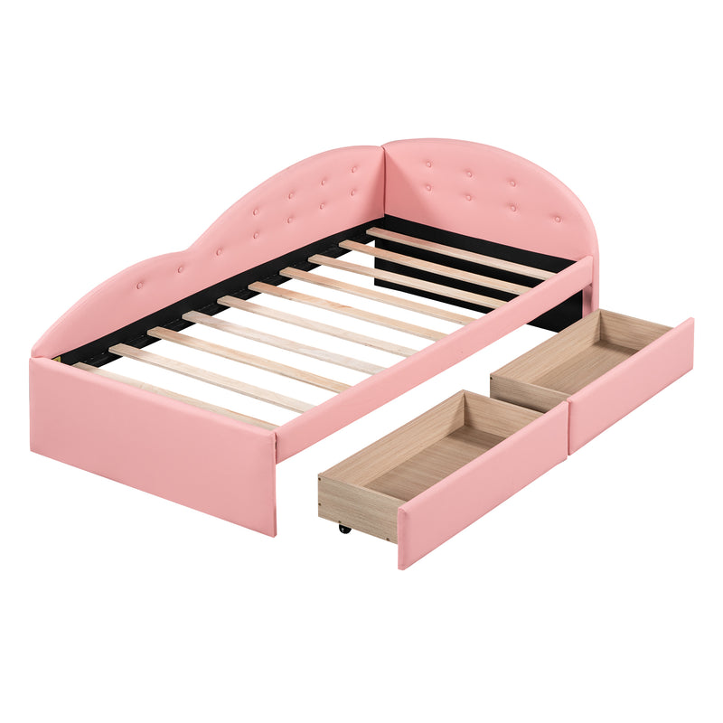 Twin Size PU Upholstered Tufted Daybed with Two Drawers and Cloud Shaped Guardrail, Pink