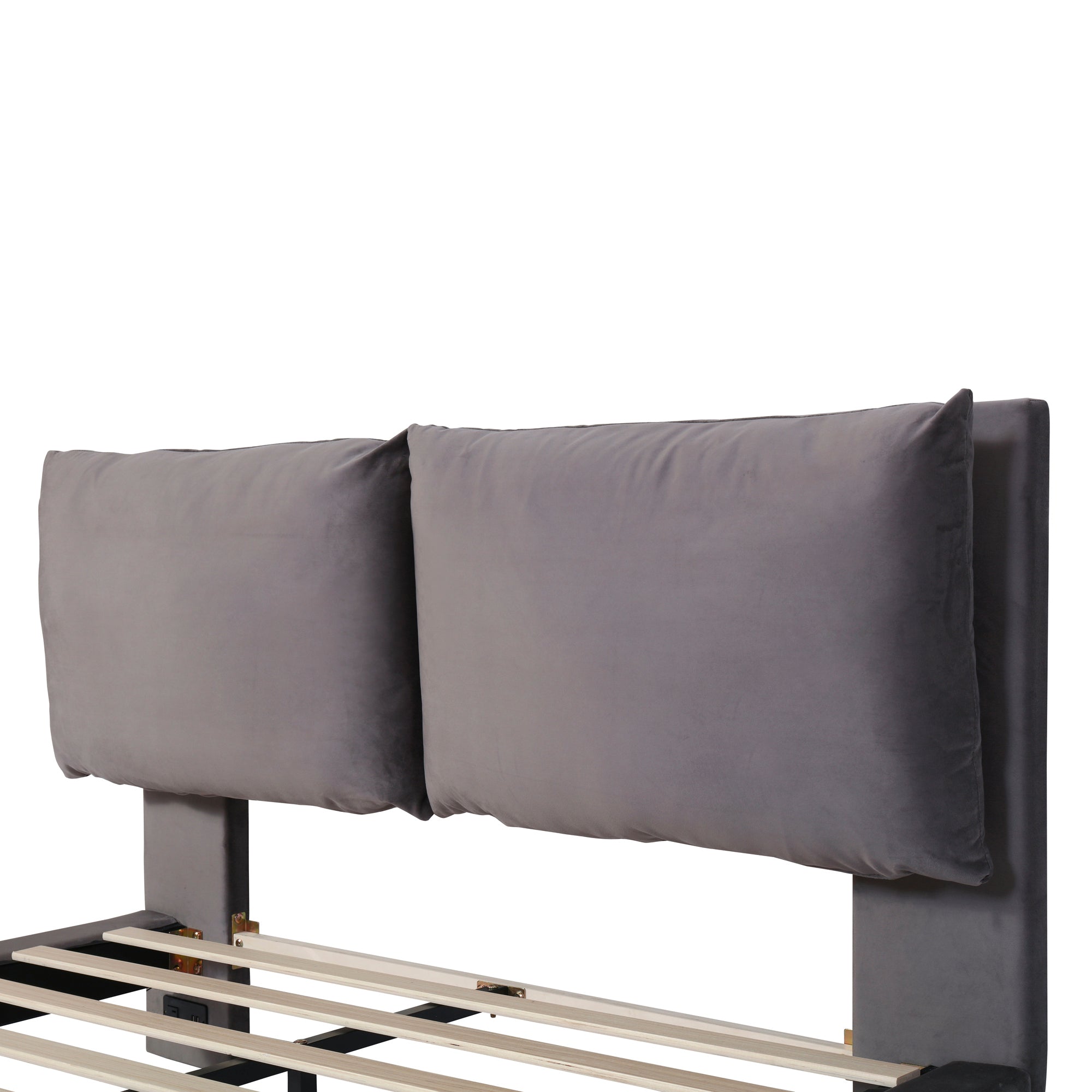 Queen Size Upholstered Platform Bed with Sensor Light and 2 Large Backrests, Stylish Platform Bed with 2 sets of USB Port and Socket on each rear Bed Leg, Gray - Atlantic Fine Furniture Melbourne FL