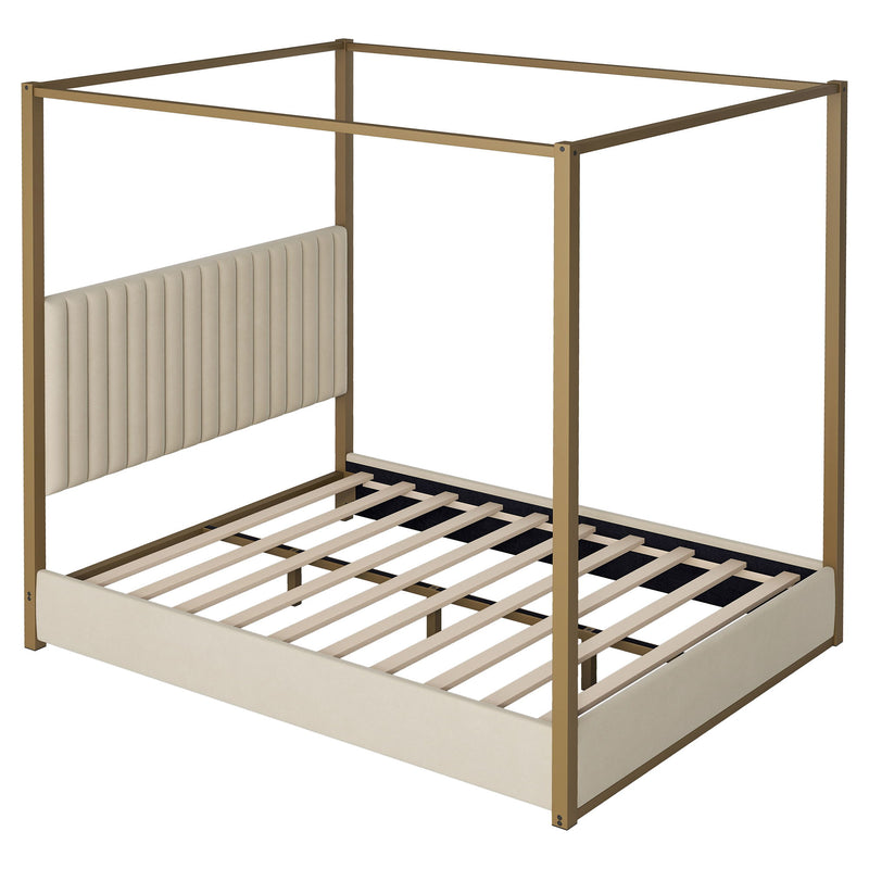 Upholstered Canopy Platform Bed With Frame, Queen Size - Beige