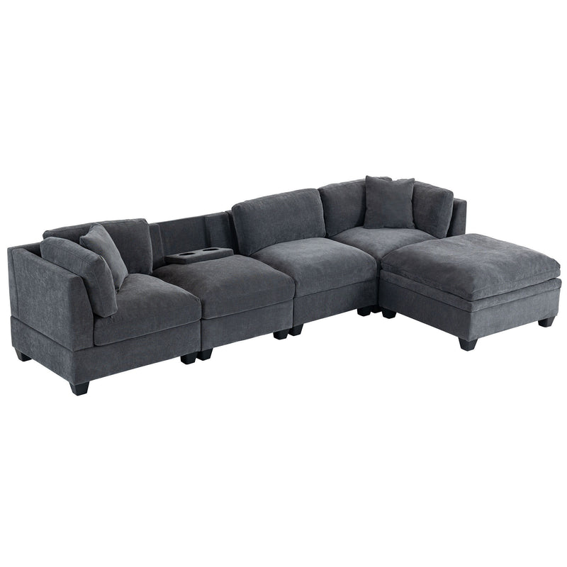 U-style Upholstered Modular Sofa with Removable Storage Ottoman, 2 hidden cup holders, Sectional sofa for Living Room Apartment(5-Seater)