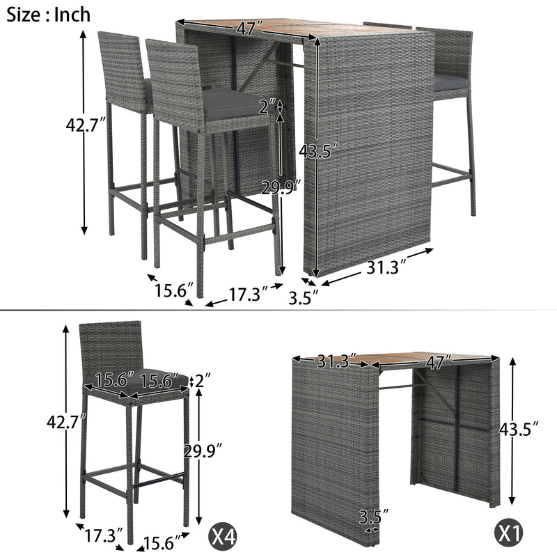 5 Pieces Outdoor Patio Wicker Bar Set, Bar Height Chairs With Non-Slip Feet And Fixed Rope, Removable Cushion, Acacia Wood Table Top - Brown / Gray