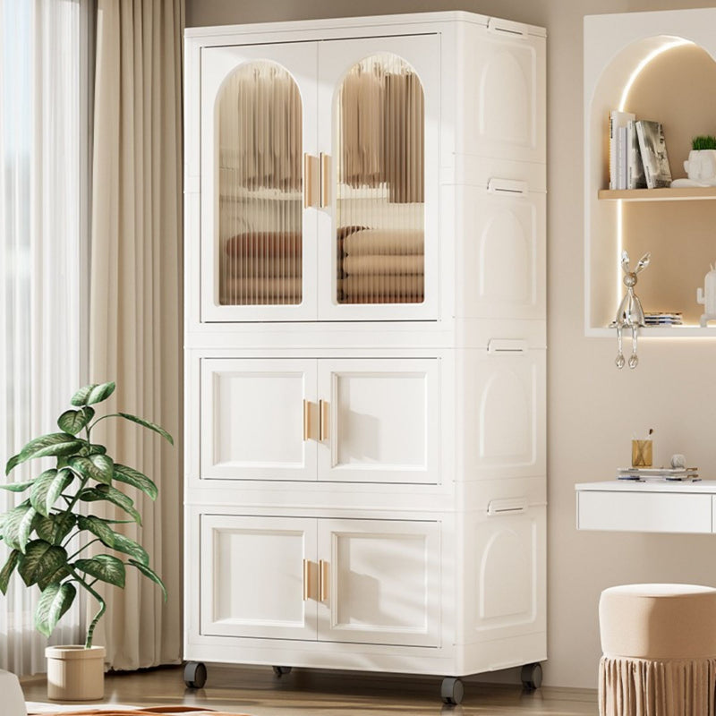 Side Wide Folding Wardrobe, With Magnetic Door, Plastic Storage Cabinet With Wheels (1 Layer Of Wardrobe + 2 Layers Of Folding Boxes + 10 Hangers) - Cream White