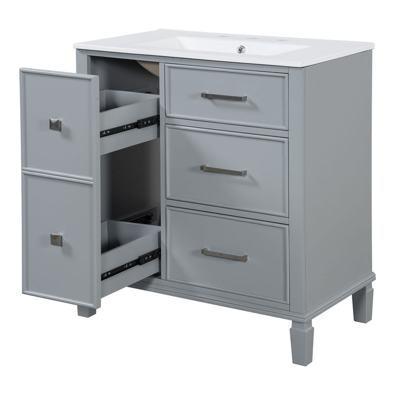 Bathroom Vanity With Ceramic Sink, Flip Out Drawer Design For Plumbing, Soft Close Drawers