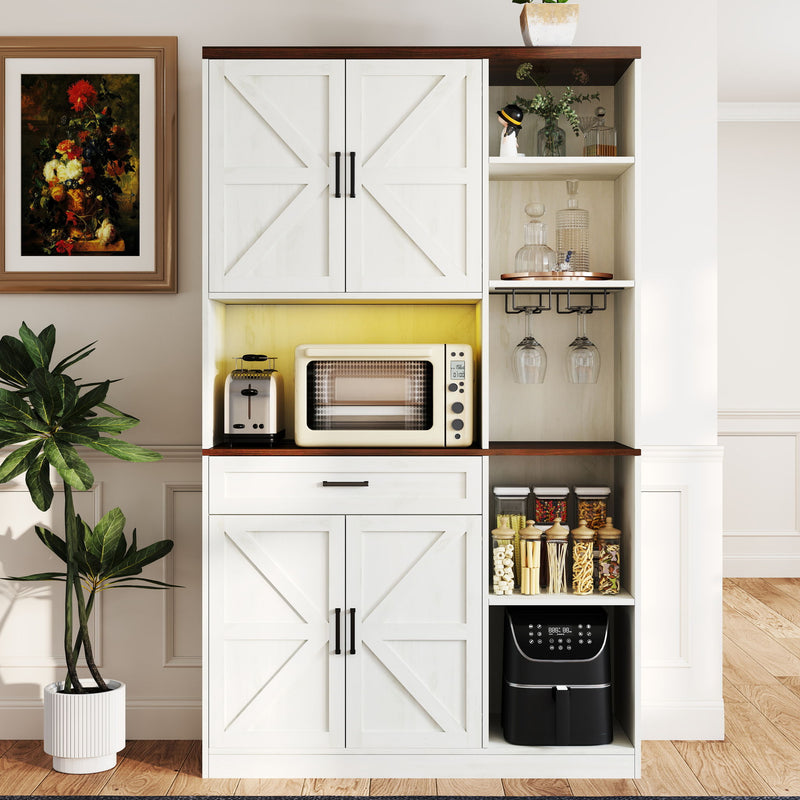 Farmhouse Kitchen Pantry Sideboard With Cabinet And Drawer, Multi Functional Kitchen Buffet With Hutch And Glass Holder, Microwave Stand With Charging Station - Brown / Antique White
