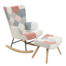 Mid Century Rocking Chair With Ottoman Patchwork Linen Wood Legs Design Living Room And Bedroom - Colorful