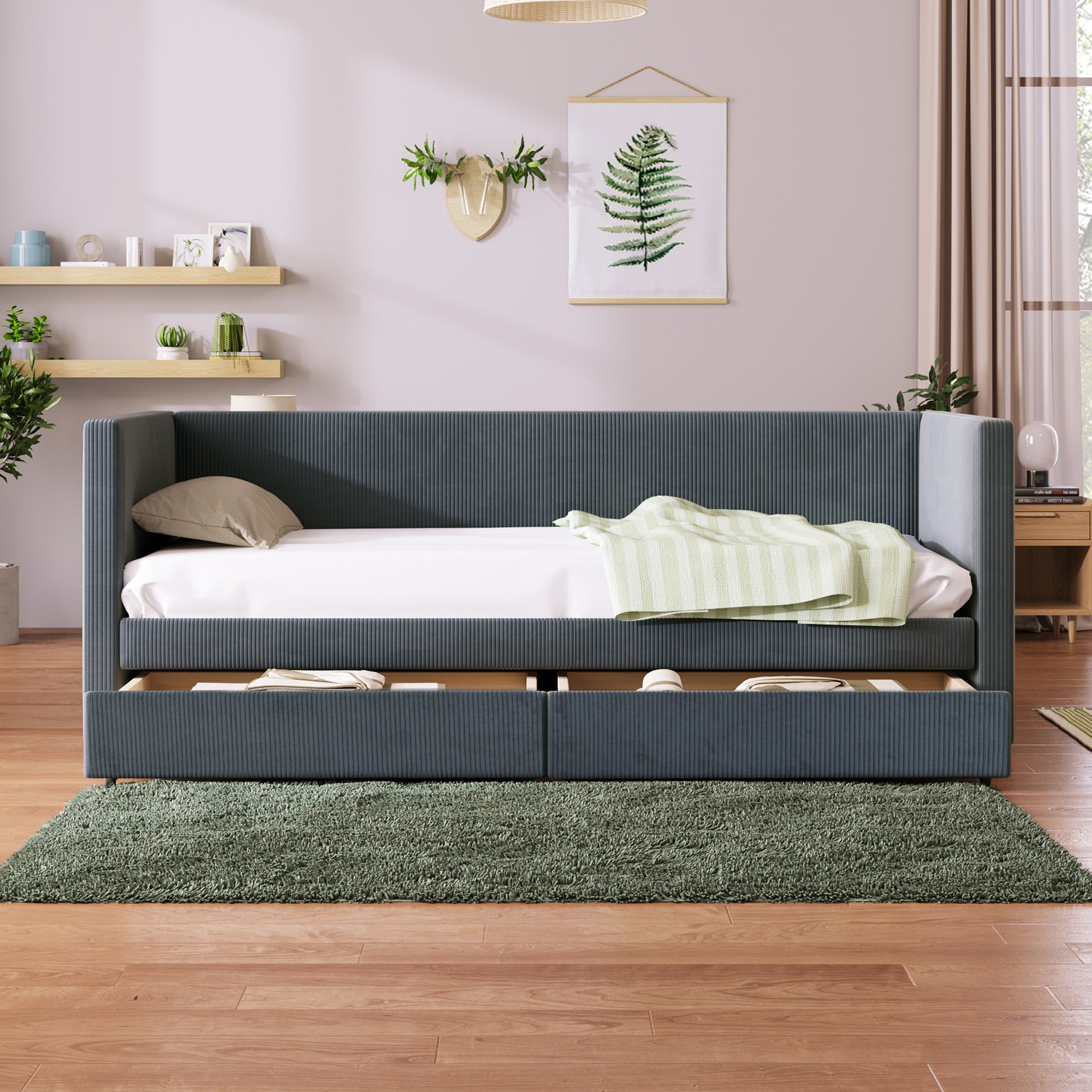 Twin Size Corduroy Daybed with Two Drawers and Wood Slat, Gray - Atlantic Fine Furniture Melbourne FL