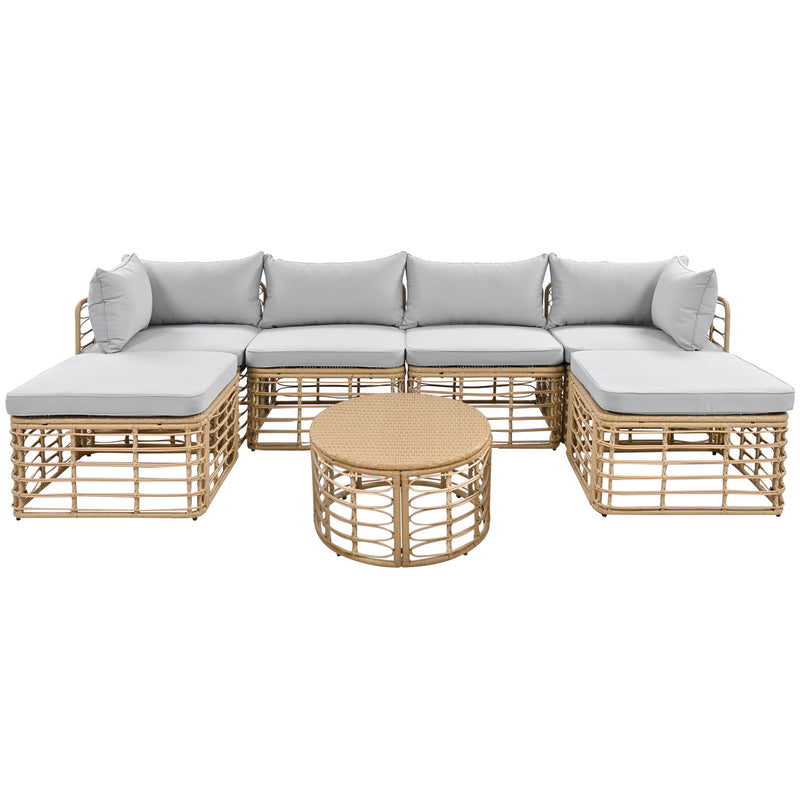 Outdoor Patio Furniture, All-Weather Rattan Sectional Sofa Set With Thick Cushions And Pillows, Freely Combined Conversation Sets For Garden, Backyard, Balcony