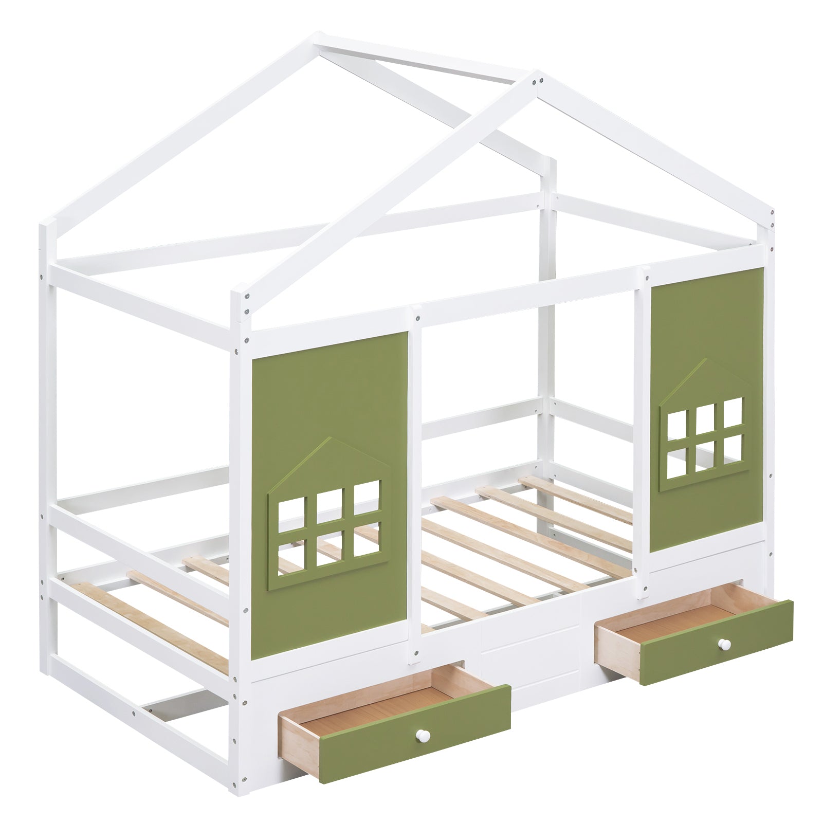 Twin Size Wood House Bed with 2 Drawers and Window Decoration, White+Olive Green - Atlantic Fine Furniture Melbourne FL