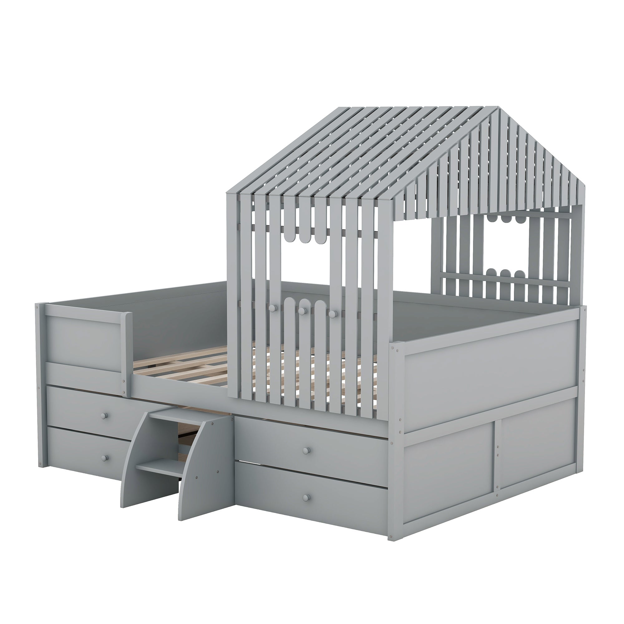 Full Size House Low Loft Bed with Four Drawers,Gray - Atlantic Fine Furniture Melbourne FL