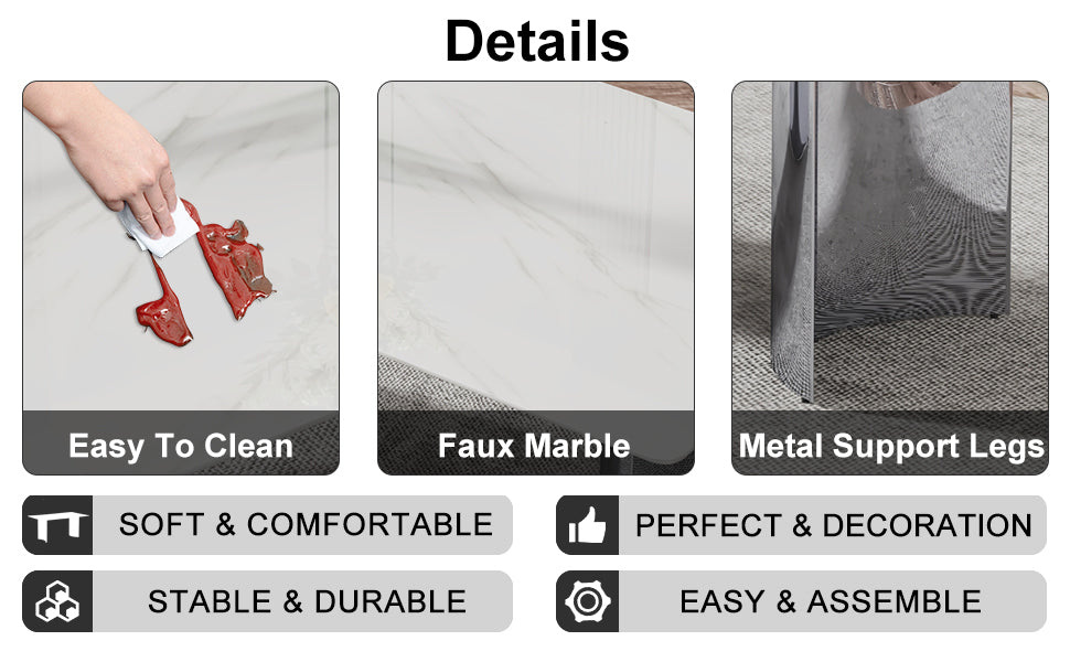 Modern minimalist dining table. The white imitation marble glass desktop is equipped with silver metal legs. Suitable for restaurants and living rooms  71" *39.3" *29.5"  DT-69