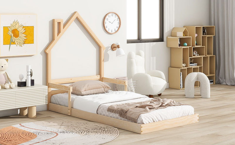 Twin House-Shaped Headboard Floor Bed With Handrails, Slats