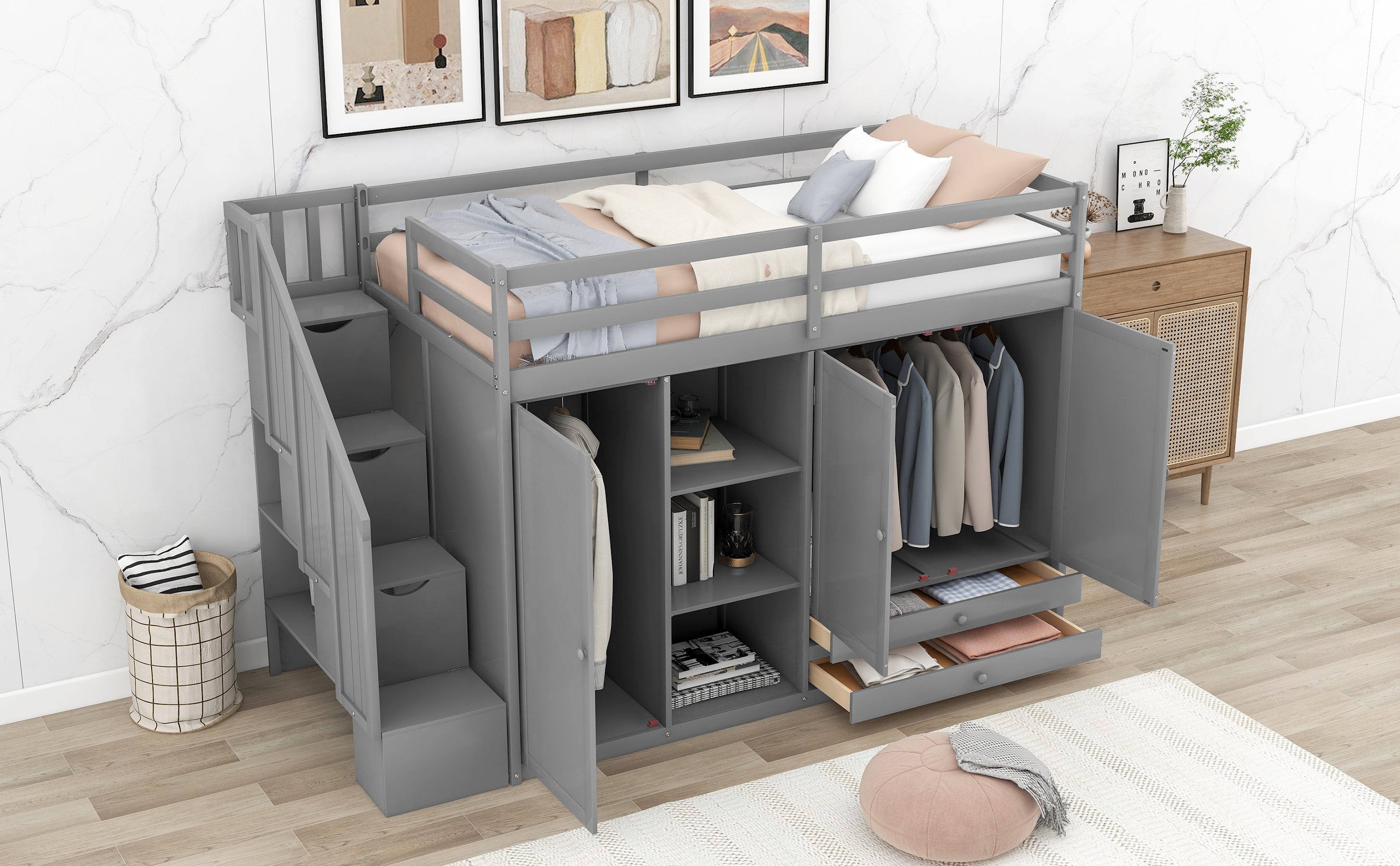 Functional Loft Bed with 3 Shelves, 2 Wardrobes and 2 Drawers,  Ladder with Storage, No Box Spring Needed, Gray - Atlantic Fine Furniture Melbourne FL