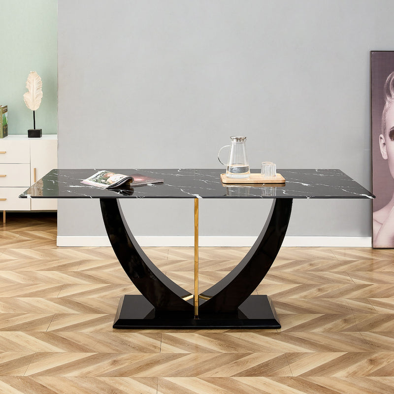 Modern Minimalist Luxurious Imitation Marble Dining Table Rectangular Office Desk With Tempered Glass - Black