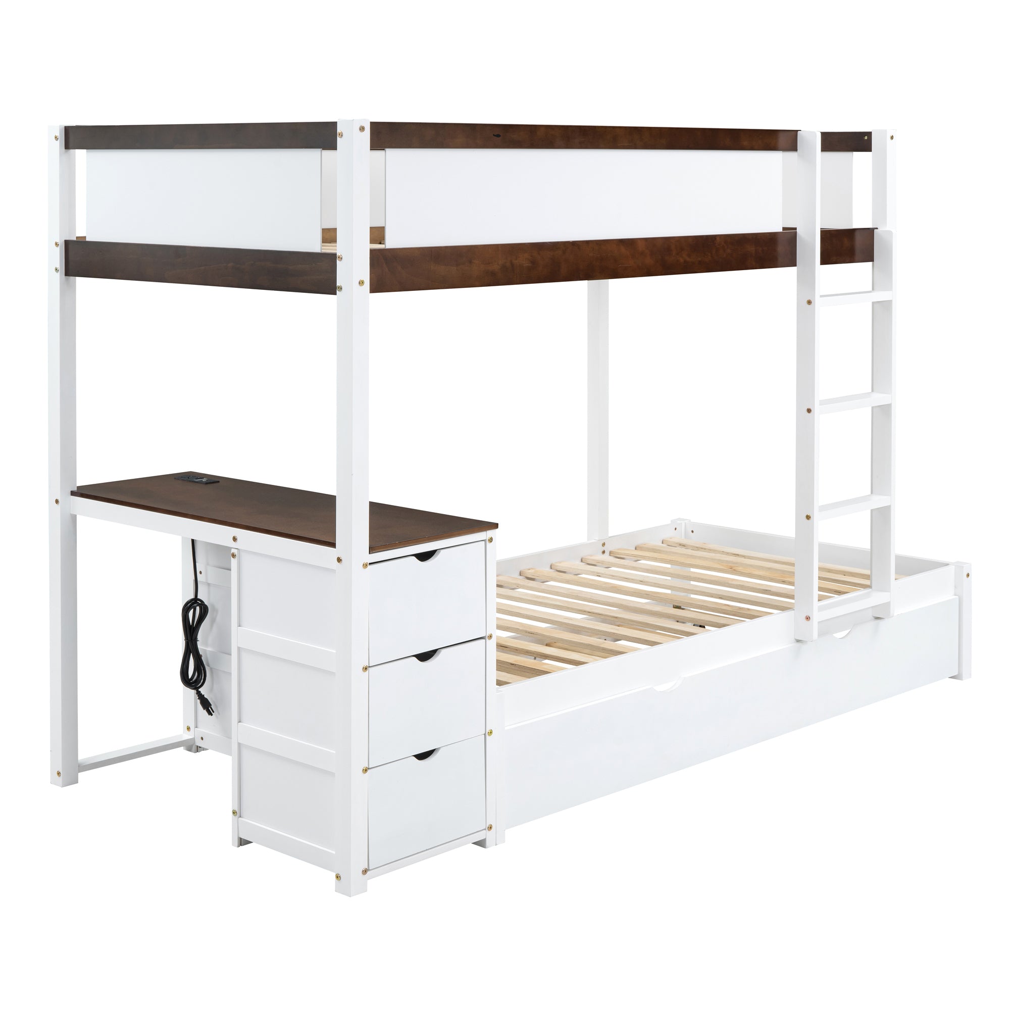 Twin-Over-Twin Bunk Bed with Twin size Trundle, Storage and Desk, White+Walnut - Atlantic Fine Furniture Melbourne FL