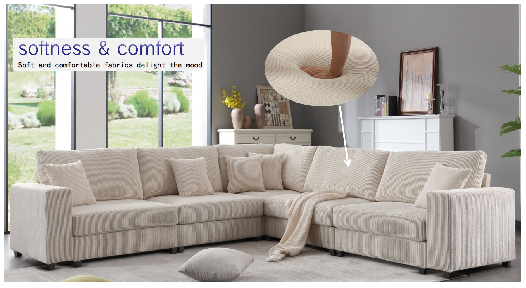 Oversized Modular Sectional Sofa Set,Corduroy Upholstered Deep Seat Comfy Sofa   Beige