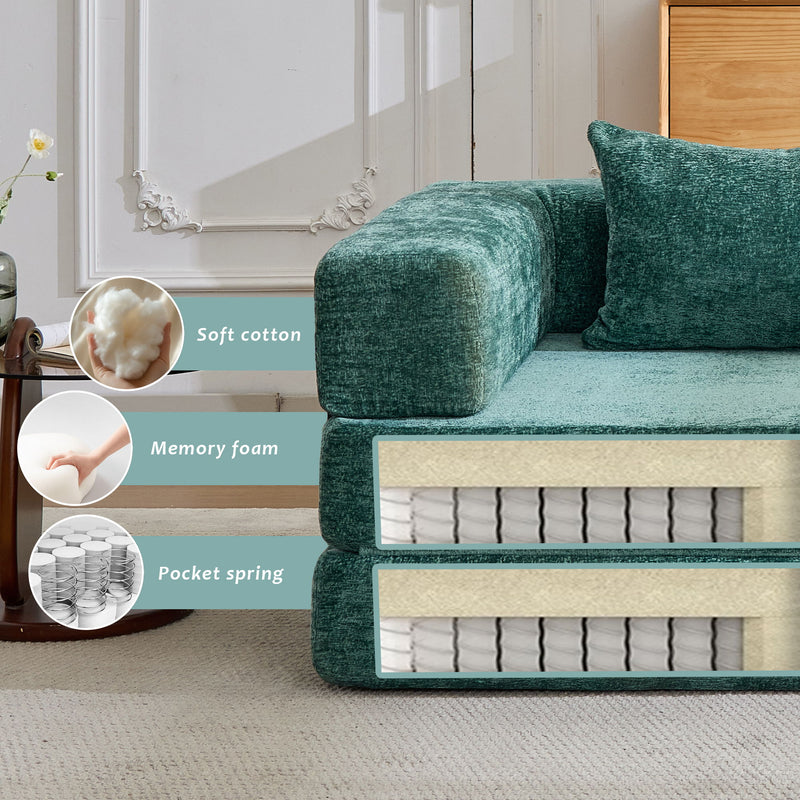 Convertible Floor Sofa Bed With Fixed Shape Frame For Living Room - Dark Green