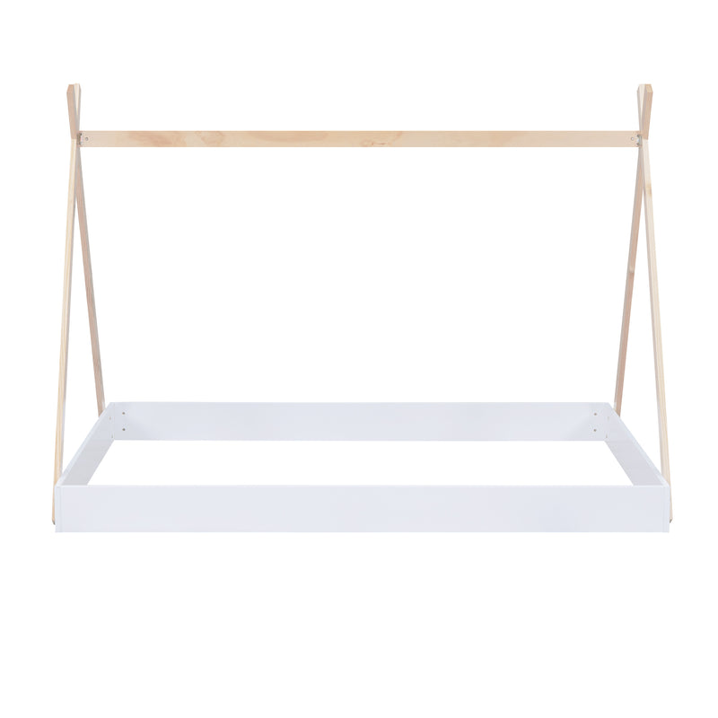 Full Size Tent Floor Bed with Triangle Structure, White+Natural