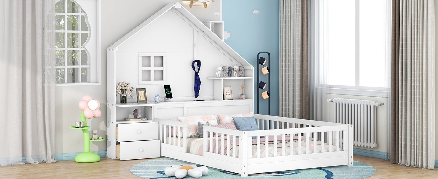 Full Size House Bed with Window and Bedside Drawers, Platform Bed with Shelves and a set of Sockets and USB Port, White