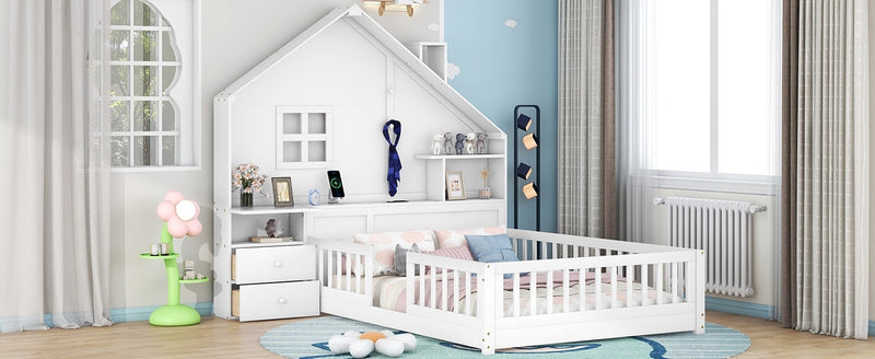 Full Size House Bed with Window and Bedside Drawers, Platform Bed with Shelves and a set of Sockets and USB Port, White