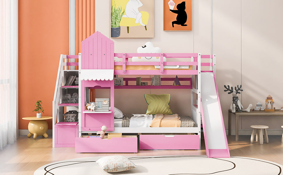 Twin-Over-Twin Castle Style Bunk Bed with 2 Drawers 3 Shelves and Slide - Pink - Atlantic Fine Furniture Melbourne FL