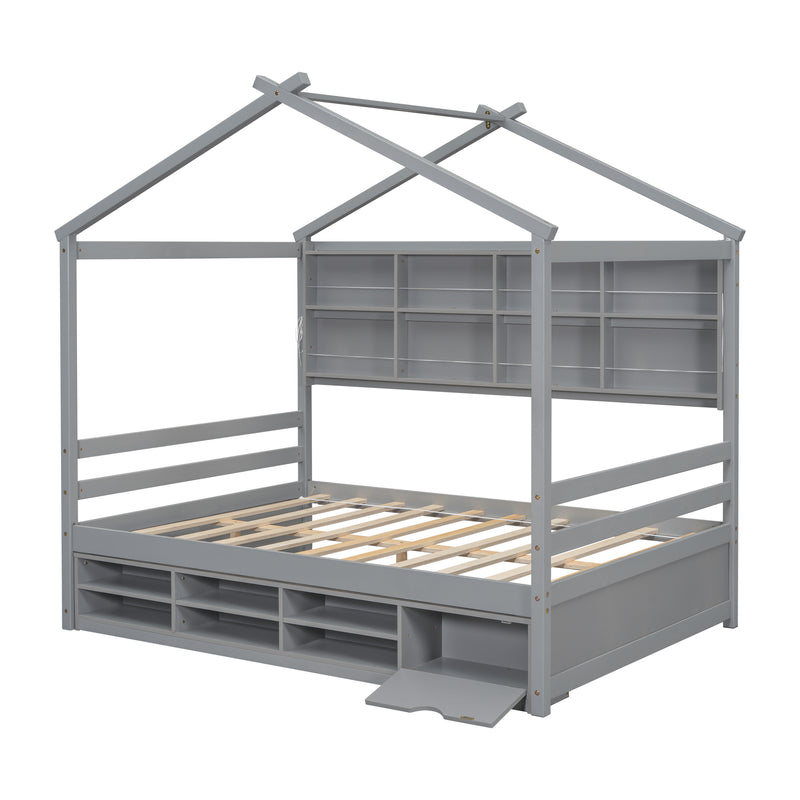 Full House Bed with Roof Frame, Bedside-shelves, Under Bed Storage Unit,Grey