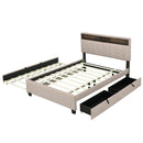 Full size Upholstered Platform Bed with Storage Headboard, Twin Size Trundle & 2 drawers and a set of Sockets & USB Ports, Linen Fabric, Beige