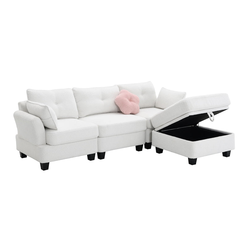 Modern Teddy Velvet Sectional Sofa, Charging Ports On Each Side, L-Shaped Couch With Storage Ottoman, 4 Seat Interior Furniture For Living Room, Apartment (3 Pillows)